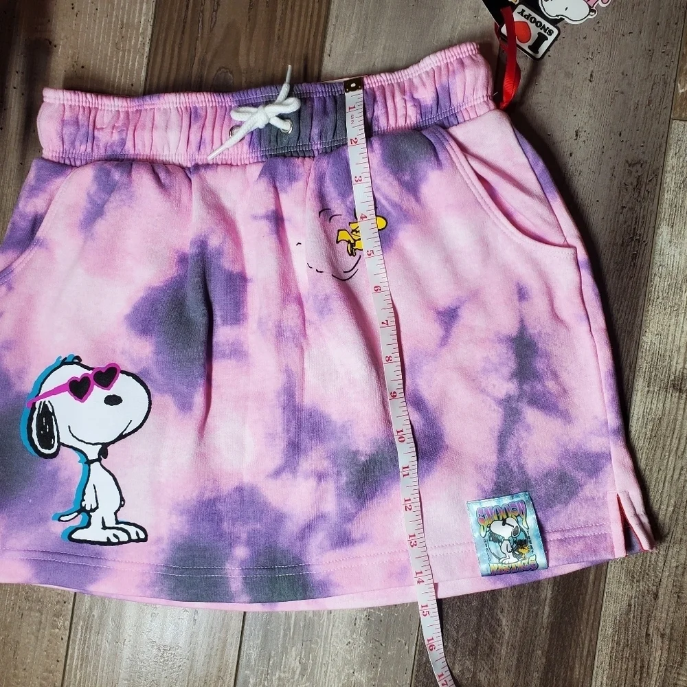 NWT Justice Girls Pink Purple Tie-Dye Snoopy Fleece Skirt Skort Size Large 12/14